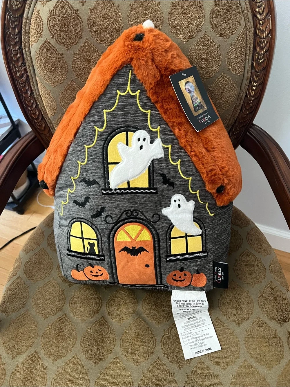 Cynthia Rowley Orange and Gray Haunted House Accent Pillow